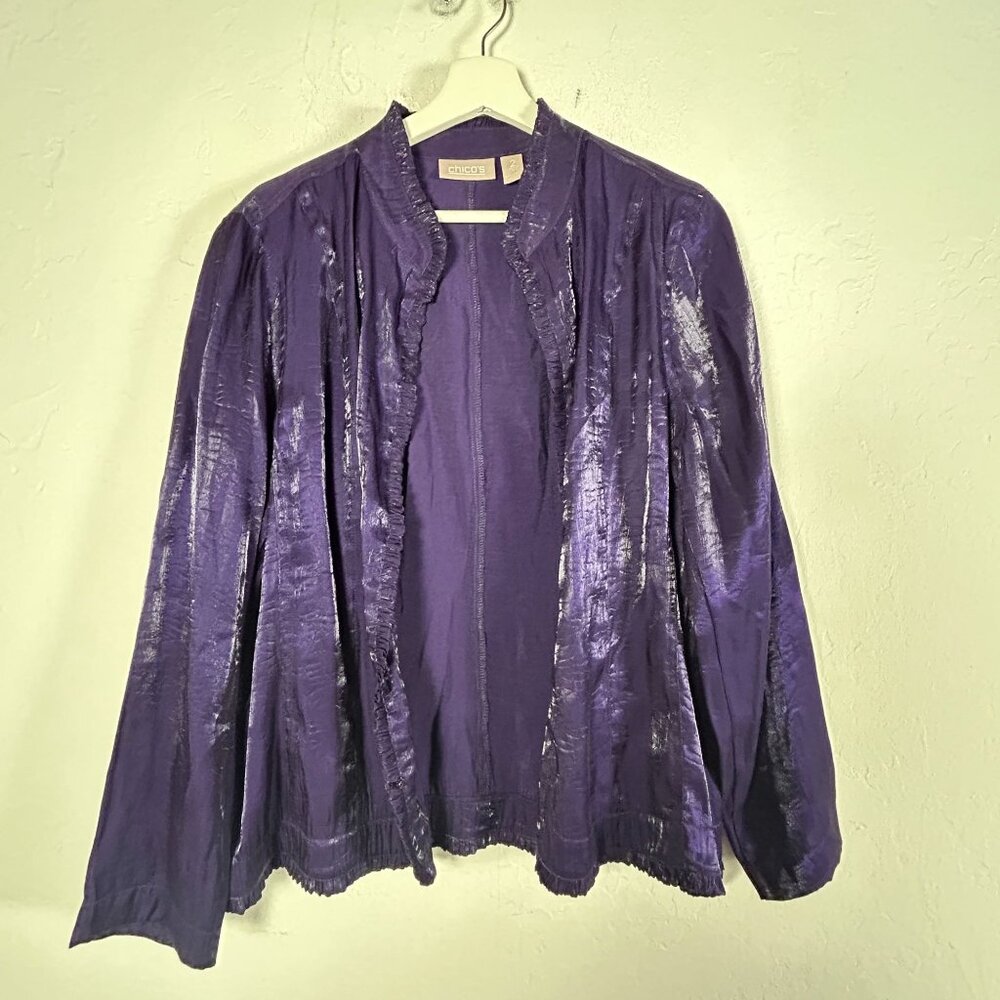 Chico's Womens Open Front Ruffle Trim Jacket Size 2 Metallic Purple Lightweight
